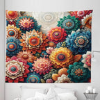 Ambesonne Flower Tapestry King Size, Contemporary Wild Floral with Delicate Oriental Feel Petals Boho Hippie, Wall Hanging Bedspread Bed Cover Wall Decor, 104" X 88", Vermilion Teal Sea Blue