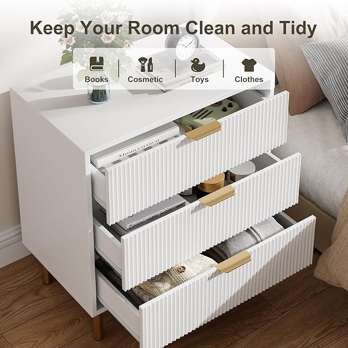 GarveeHome White Dresser, Modern 3 Drawer Dresser for Bedroom with Gold Handle and Large Drawer, Wood Double Chest of Drawers and Storage Organizer for Living Room, Hallway, Entryway