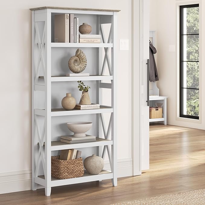 Bush Home Tall 5 Shelf Bookcase for Living Room or Home Office, Large Bookshelf, Modern Farmhouse Style, Key West Collection, Pure White and Shiplap Gray
