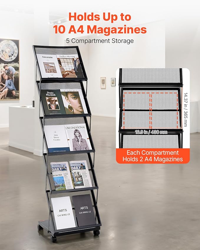 VEVOR Brochure Display Rack, Foldable 5 Pockets Magazine Literature Display Stand, Movable Floor Standing Magazine Rack with Wheels, Metal Newspaper Catalog Holders for Shop Exhibitions Office Show