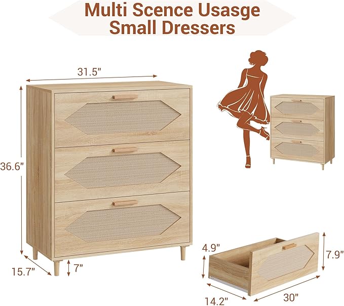 Dressers for Bedroom, 3 Drawer Rattan Dresser with Spacious Storage, Modern Wood Chest of Drawers, Rustic Oak Wooden Nightstand for Bedroom, Living Room, Hallway, Easy Assembly, Closet Organi