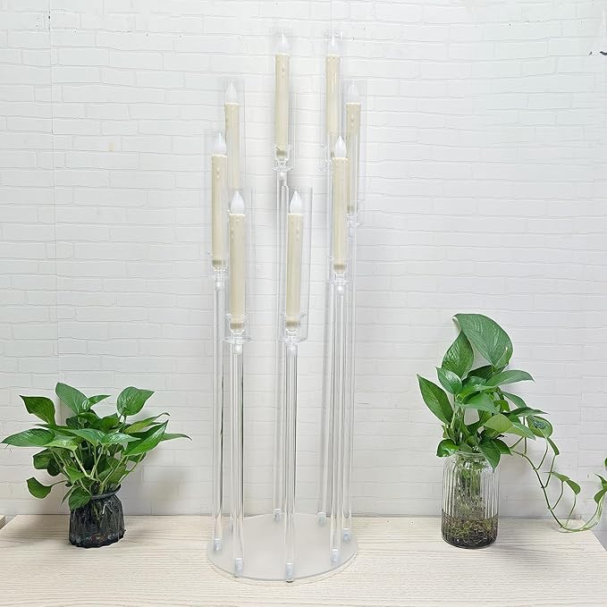 8 Arms Acrylic Candelabra Centerpieces for Wedding Table Decorations,38.5'' Tall Clear Candlesticks Holder with Acrylic Shade for Valentine's Day Dinner Party Fireplace Gift,with LED Candles
