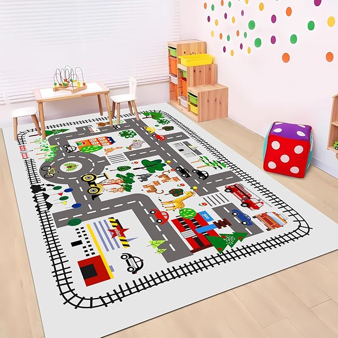 5x7ft Kids Town Road Play Rug - Car Playmat, Kids Rugs for Playroom Car Mat Town City Road Traffic Rugs, Extra Large Boys Kid Cars Track Play Rug (Style Five, 78.7X 59 INCH)