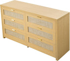 VEVOR Large Boho Dresser for Bedroom, 57" Wide Rattan Dresser 6 Drawer with Ample Storage, Modern Wooden Chest of Drawers Closet TV Stand Dressers for Living Room, Natural Oak