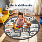 3.3ft Round Kids City Road Car Play Rug - Non-Slip Faux Wool Carpet with Interactive City Map Design, Educational Toy Vehicle Mat for Kids, Bedroom Playroom Nursery Gift.