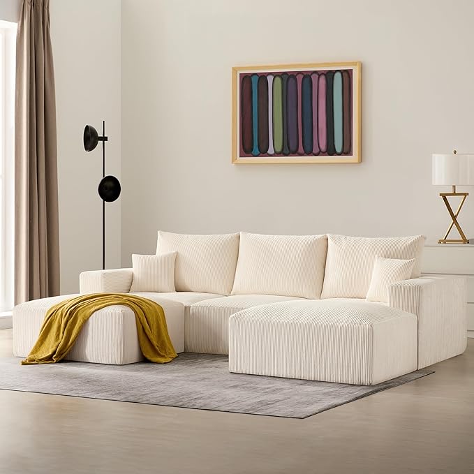 40" Square Stuffed Ottoman Pouf for Sofa Couch, Corduroy Poufs with Foam Chunk Filling, Furry & Fluffy Pouf Footstool Movable Ottoman. 40*31 Floor Poufs Foot Rest for Living Room, Beige(2 Piece Set)