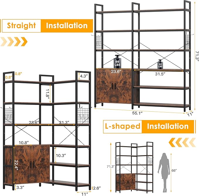 Semoic 6-tire Farmhouse Corner Book Shelf with 2 Barn Doors and 10 Storage Shelves, 71.3" Tall Convertible Etagere Bookcase with Storage Cabinet, Large L Shaped Bookshelf for Living Room(Rustic Brown)