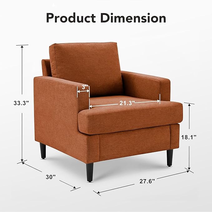Mid-Century Accent Chair,Modern Linen Fabric Armchair for Living Room,Comfy Upholstered Reading Accent Chairs for Bedroom,Single Sofa Chair with Wood Legs (Orange, 1 Pack)