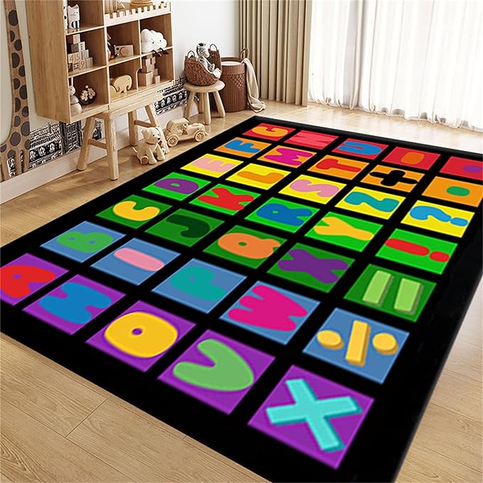 Kids Area Rug English Characters ABC and Math Symbols Learning Carpets, Lovely Black Foldable Large Area Rugs Perfect for Dining Room Bedside Kids Boys Bedroom Playroom Hallway, 4x5ft