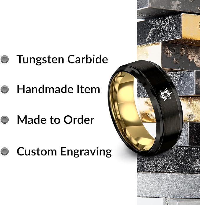 Mezuzah star Of David Ring - Gift for Jewish Family - Flat Dome Bevel - 8mm - Men Women - Yellow Gold Black Silver Blue - Anniversary Wedding - Personalized Custom Engraving - Band - Brushed Polished