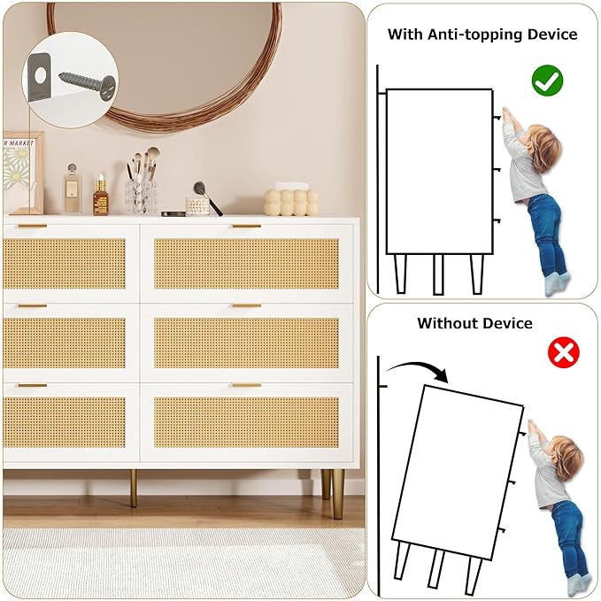 GarveeHome Rattan 6 Drawer Dresser, Modern Chest of Drawers with Gold Legs and Gold Handles, Wide Double Dresser with Large Tabletop and Anti-Tipping Design for Bedroom Living Room, White