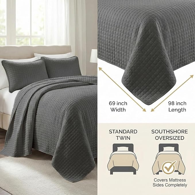 Southshore Fine Living, Inc. Twin Summer Quilts Set, Quilted Grey Bedspread Twin/XL Quilts with Matching Pillow Sham, Soft Microfiber, Lightweight Quilt Coverlet Set, Easy Care, Slate Grey