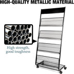 Floor Magazine Rack Brochure Display Stand 4-Layer With Wheels And Top Billboard, Newspaper Literature Holder High-Hardness Metal For Office Exhibitions, Black (57.5''*25''*13.2'')