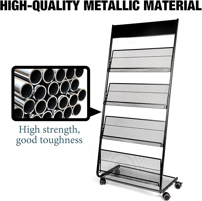 Floor Magazine Rack Brochure Display Stand 4-Layer With Wheels And Top Billboard, Newspaper Literature Holder High-Hardness Metal For Office Exhibitions, Black (57.5''*25''*13.2'')