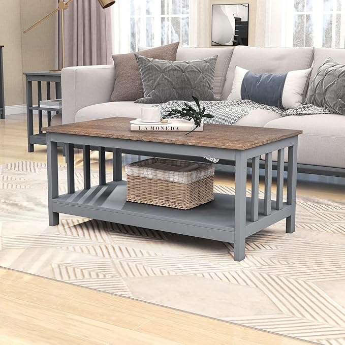 ChooChoo Grey Coffee Table, Coffee Table with Shelf for Living Room, 40 Inch