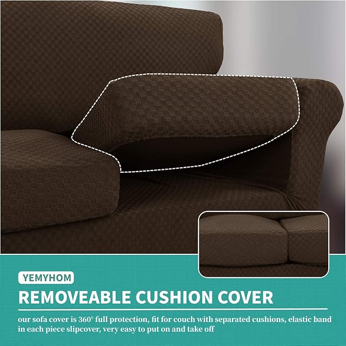YEMYHOM Latest Checkered 3 Pieces Couch Covers for 2 Cushion Couch High Stretch Thickened Love Seat Sofa Cover for Dogs Pets Elastic Loveseat Slipcover Protector (Dark Coffee), 55"-69"(2 Cushions)