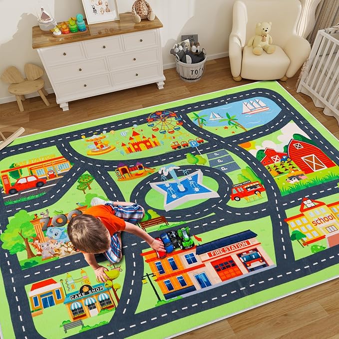 Kids Carpet Car Play Rug, City Life Traffic Road Kids Rug Playmat,Non Slip Children Educational Game Car Mat Area Rug for Playroom Baby Toddler Boys Bedroom Classroom (118X78.7 INCH, Style 2)