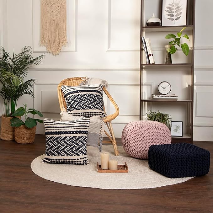 REDEARTH · Cube Low Pouf Foot Stool Ottoman - Hand Knitted Poof - Cord Boho Pouffe - Home Décor - Stuffed Footrest for Living Room - Nursery - Bedroom - Patio (16" x 16" x 8") - Navy Blue, Set of 2