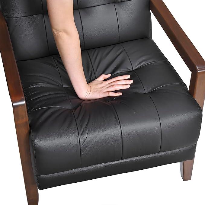 Lexicon Modern Accent Chair, Luxury Genuine Leather Match Living Room Chair with Tufted Cushions, Solid Wood Frame and Arm Rest, Comfy Upholstered Single Seat for Bedroom/Reading/Office, Black