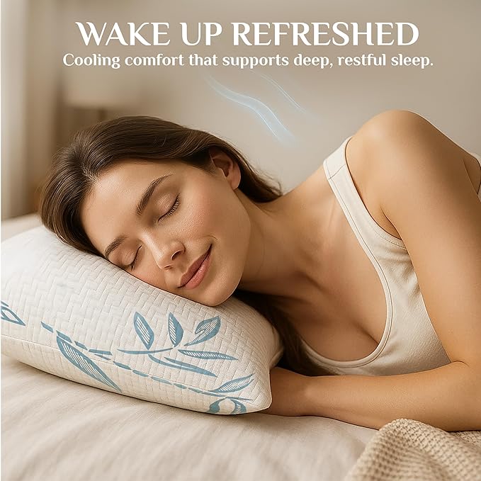 OMEO 2 Pack Bamboo Pillow Queen Size for Sleeping, Hypoallergenic Cooling Shredded Memory Foam Bed Pillows for Side, Back and Stomach Sleepers, Adjustable Loft and Washable Cover 20" x 30"