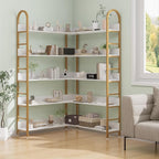 Semoic 5-Tier Gold Bookcase, L-Shape Corner Bookshelf White & Gold, Modern Display Shelf Book Shelves with Adjustable Foot, Freestanding Storage Shelves for Home Office Use