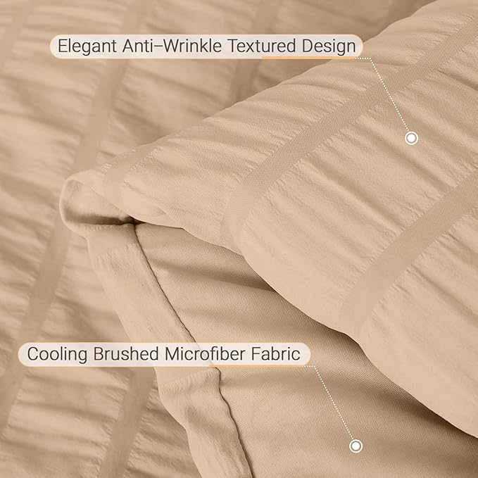 MUXHOMO 7 Pieces King Comforter Set, Seersucker Bed in a Bag King Size, All Season Luxury Bedding Set with Comforter, Flat Sheet, Fitted Sheet, Pillowcases & Shams, Khaki