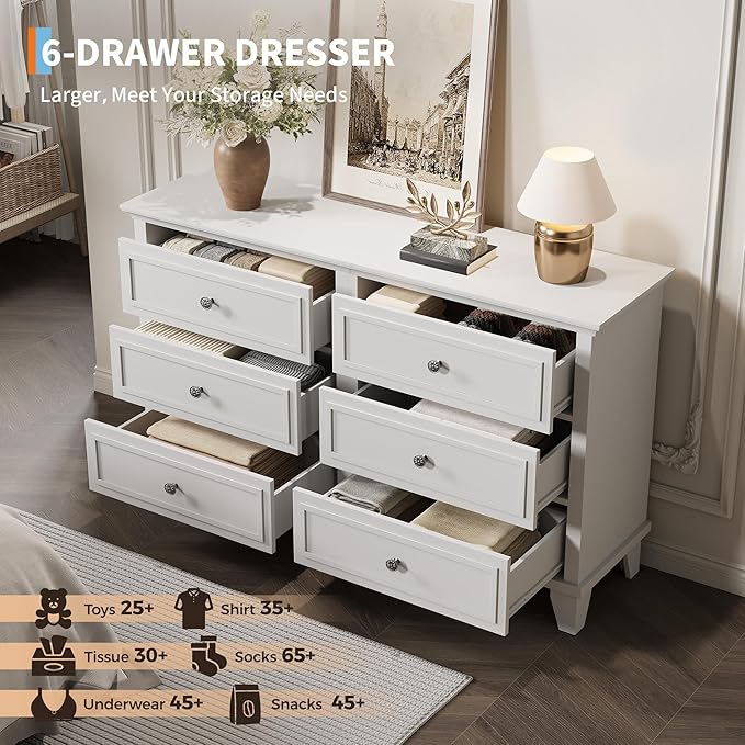 GarveeHome Farmhouse White Dresser for Bedroom with 6 Drawer, Double Dresser TV Stand with Vintage Handle, Wide Wood Dressers & Chests of Drawers, 6 Drawer Dressers for Bedroom, Living Room, Hallway