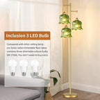 Glass Floor Lamp for Living Room,Bedroom,Mid Century Modern Standing Lamp Brass Tree 3 Light Tall Floor Lamps Vintage Retro Floor Lights Gold Green Flower Lamp Shade Farmhouse Boho Bohemian