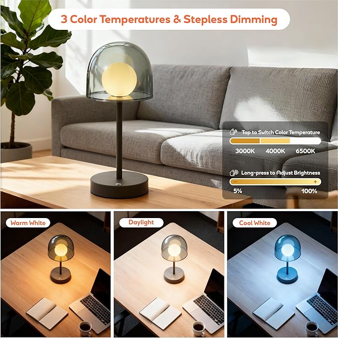 Rechargeable Small Counter Lamp, LED Modern Table Lamp with 3CCT & Stepless Dimming, Bedside Light for Study Living Room and Office, Mushroom Style (Smoky Grey)