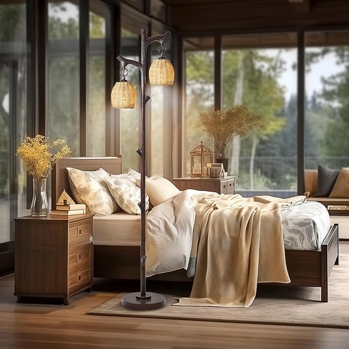 Scenekoy 68" High Farmhouse Rustic Country Cottage Floor Lamp Tree Trunk Faux Wood Column Dark Bronze Wicker Drum Shade Decor for Living Room Bedroom Reading Room