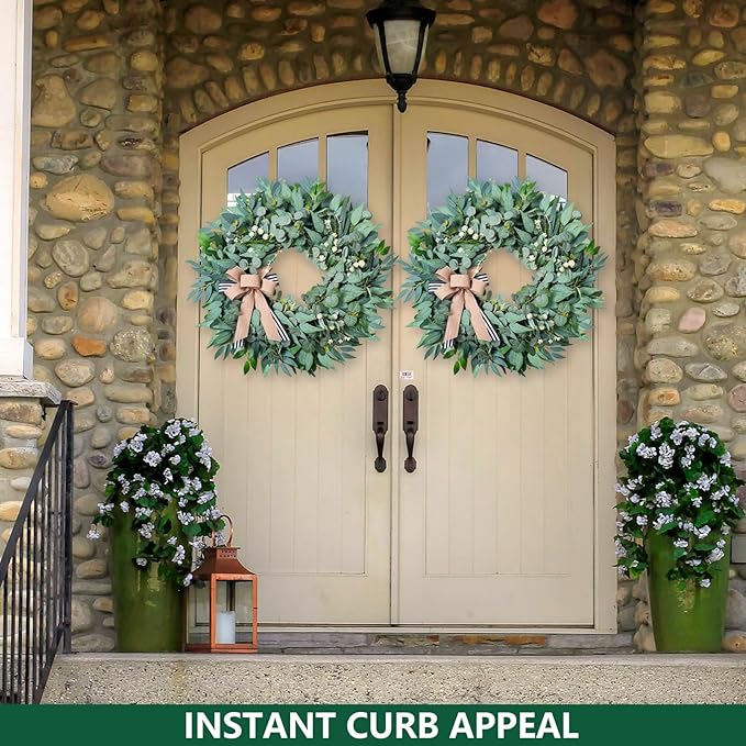 26'' Large Wreaths for Front Door Year Round, Spring Summer Artificial Green Eucalyptus Wreath with Buffalo Burlap Bow, Farmhouse Home Decor for Window Porch Holiday Housewarming