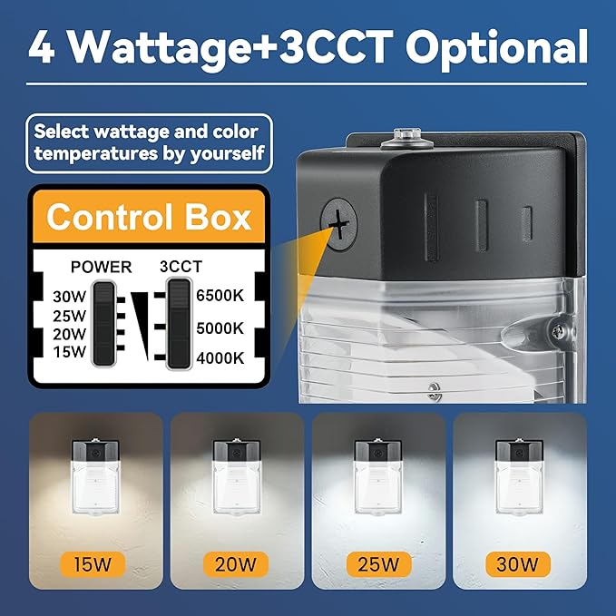 30W LED Wall Pack Light with Photocell 2Pack, 3CCT 4000/5000/6500K, 15/20/25/30W Selectable, LED Wall Lights Porch Lights Outdoor Security Lighting for House Garage Yard Garden, 100-277VAC, ETL Listed