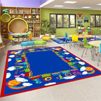 Train Play Rug 5x6ft for Kids - Educational Adventure Carpet with Tracks, Animals & Clouds, Low Pile Washable, Non-Slip Nursery Classroom Playroom Rug