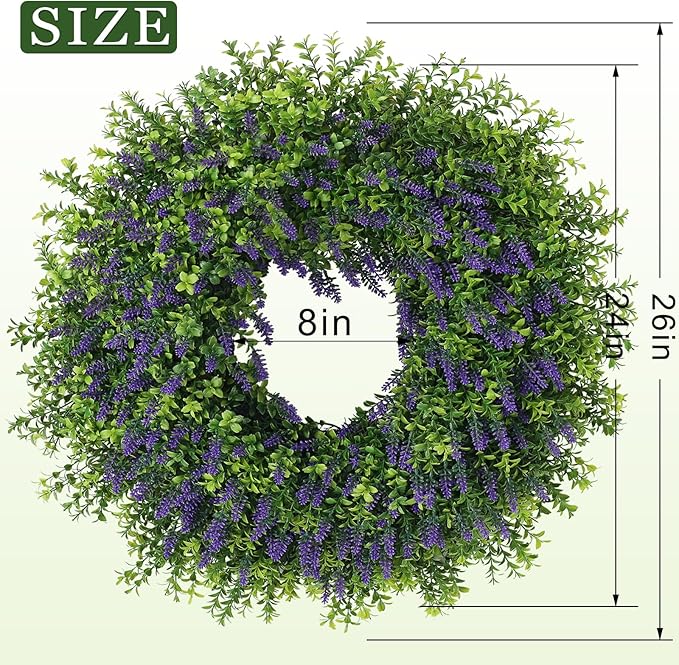 26" Artificial Lavender & Boxwood Wreath for Front Door - Large Faux Purple Greenery Outdoor Wreath for Home, Farmhouse, Window, Wall Decor | Spring Summer All Seasons