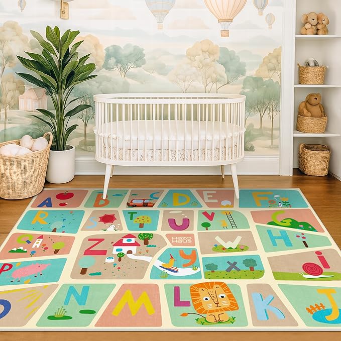 4x6 Preschool Kids Alphabet Rug – Washable ABC Learning Carpet for Toddlers, Educational Playroom Mat with Fun Letters & Illustrations, Soft Nursery Rug for Reading, Craft, or Floor Play