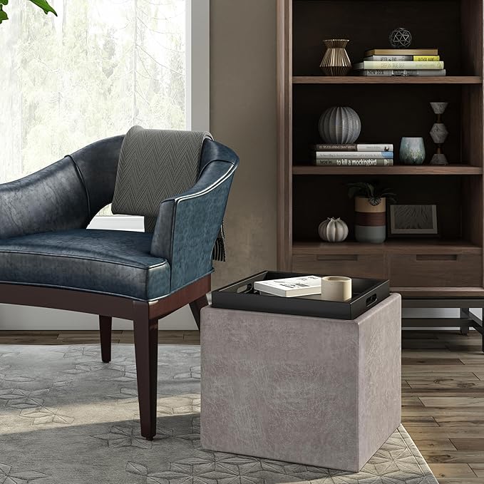 SIMPLIHOME Rockwood Cube Storage Ottoman with Tray - 17 inch Wide Upholstered Vegan Leather Square Storage Ottoman in Distressed Grey Taupe, Contemporary Cube Ottoman for Living Room with Serving Tray