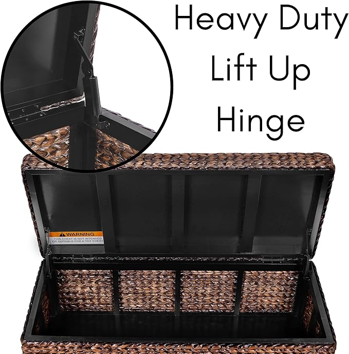 BIRDROCK HOME Abaca Storage Bench – Hand-Woven Wicker Entryway Bench w/Lift-Top Hidden Storage, Solid Wood Frame - Brown Wash