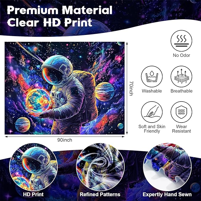 NYZE Astronaut Space Tapestry for Bedroom, Glow in the Dark Room Decor Wall Tapestries, Cool Galaxy Planet Wall Hanging, Wall Hanging for Men Guys Gamer Room Dorm Living Room 90in x 70in