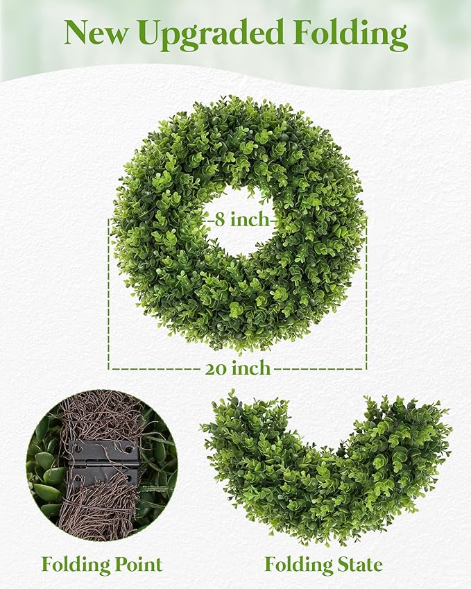 20 Inch Boxwood Front Door Wreaths, Spring and Summer Outdoor Wreath for Front Door, All Seasons Artificial Green Wreath for Farmhouse Wedding Porch Wall St Patricks Day Indoor Decorations