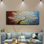 YaSheng Art -100% Hand Painted Contemporary Art 3D Whit Flowers Oil Painting On Canvas Texture Palette Knife Tree Paintings Modern Home living room Decor Art Large Abstract Canvas Art 24x60inch
