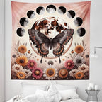Ambesonne Boho Tapestry Queen Size, Springtime Butterfly Art with Delicate Floral Garden and Dreamy Moon Circle, Wall Hanging Bedspread Bed Cover Wall Decor, 88" X 88", Pale Ruby Dark Taupe
