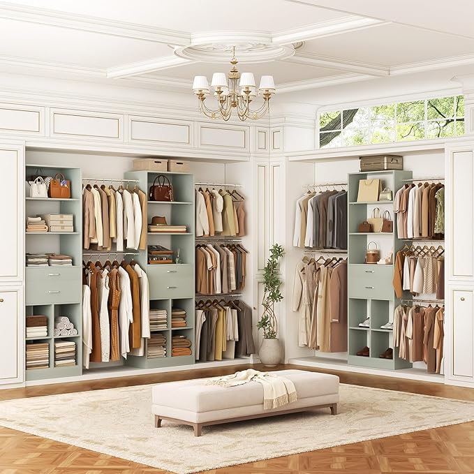 Closet System, 4-8 FT Closet Organizer Tower with 2 Wooden Drawers and 5 Hanging Rods, Can Fit 60 to 96 inch Walk-in Closet System, Crab Green