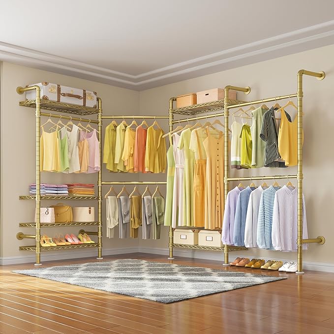 Timate L4 L Shape Garment Rack Heavy Duty for Hanging Clothes, Expandable Industrial Pipe Clothing Rack, Wall Mounted Closet Organizer Large Wardrobe Kit Corner System Gold