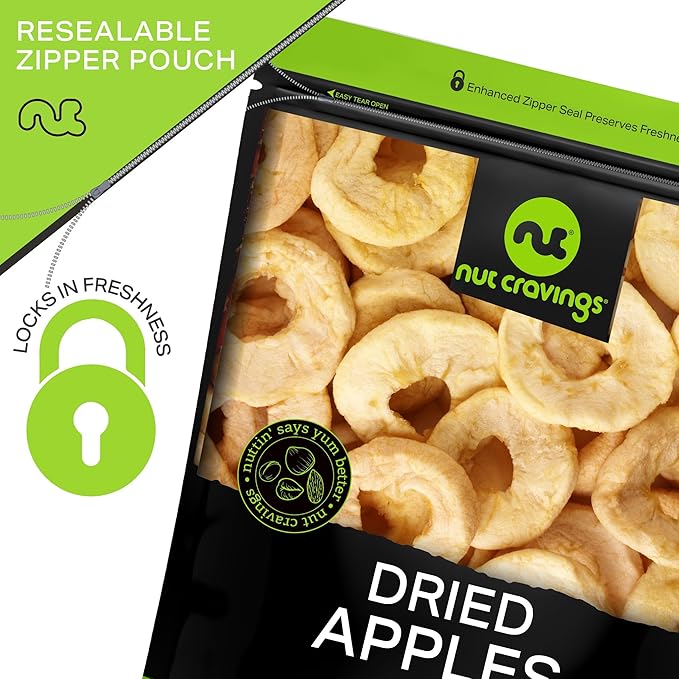 NUT CRAVINGS - Dried Apple Rings Slices, No Sugar Added - Chewy Soft Texture (32oz, 2 LB) Tu Bishvat Favorite - Sweet Healthy Snack, Vegan, Kosher, Resealable Bag