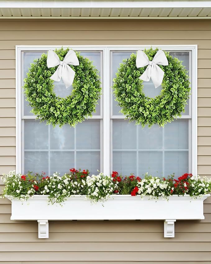 Vlorart 24 Inch Artificial Front Door Boxwood Wreath, Spring Summer Wreaths for Front Door, Large Green Wreath with Sash for Farmhouse Wedding Outside Year Round Indoor and Outdoor for Home Decoration