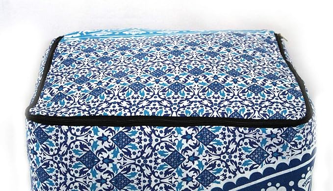 CRAFT KALA Indian Square Patchwork Traditional Pouf Cover Indian Living Room Poufs Cover Decorative Designer Ottoman Pom Pom Home Living Footstool Chair Cover Ottoman Decor 18X18X14 inches, Blue Ombre