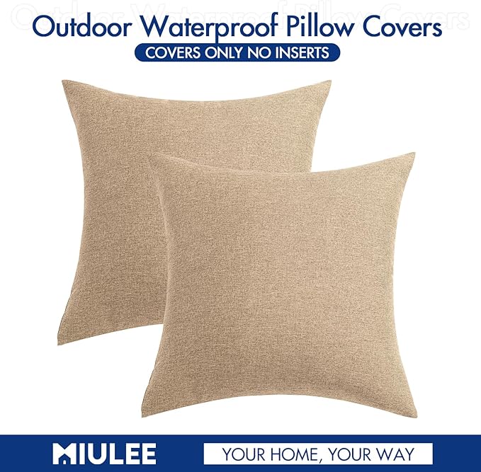 MIULEE Pack of 2 Decorative Outdoor Solid Waterproof Throw Pillow Covers Faux Linen Garden Farmhouse Cushion Cases for Patio Tent Balcony Couch Sofa 20x20 Inch Light Tan