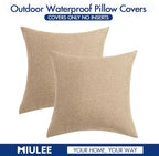MIULEE Pack of 2 Decorative Outdoor Solid Waterproof Throw Pillow Covers Faux Linen Garden Farmhouse Cushion Cases for Patio Tent Balcony Couch Sofa 18x18 Inch Light Tan