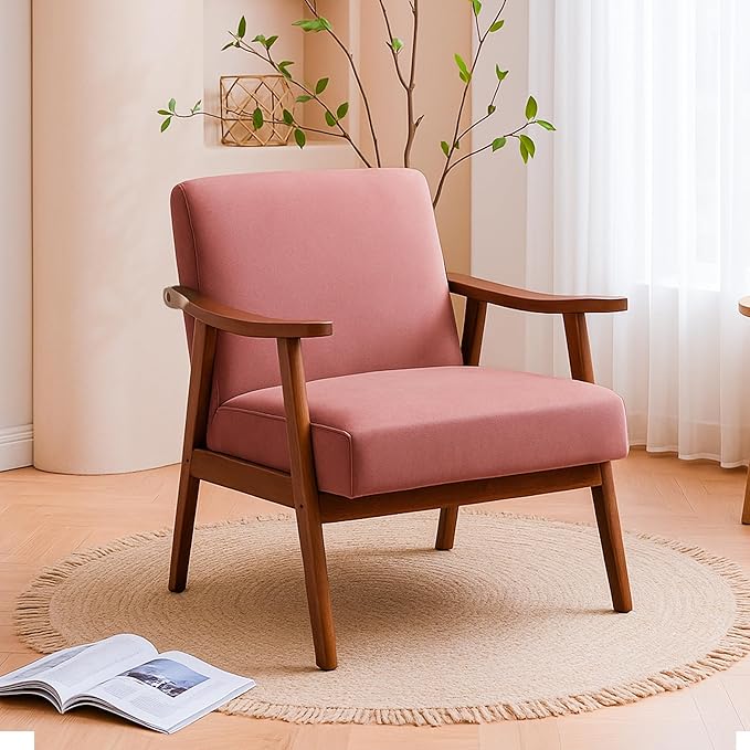 Accent Chair with Microfiber Upholstery and Solid Wood Frame, Classic Mid-Century Modern Living Room Furniture for Extra Seating, Rose