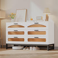 Mericonia 6 Drawer Double Dresser for Bedroom, Rattan Chest of Drawers, Modern Wooden Dresser Chest with Metal Frame for Bedroom, Living Room, Hallway and Entryway, White